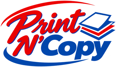 Print N&rsquo;Copy logo: Print N&rsquo; in red script, Copy in blue, beside a stack of paper