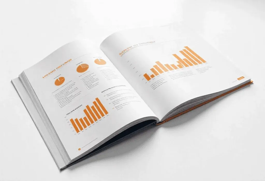 An open annual report showing pages of orange bar charts and pie charts