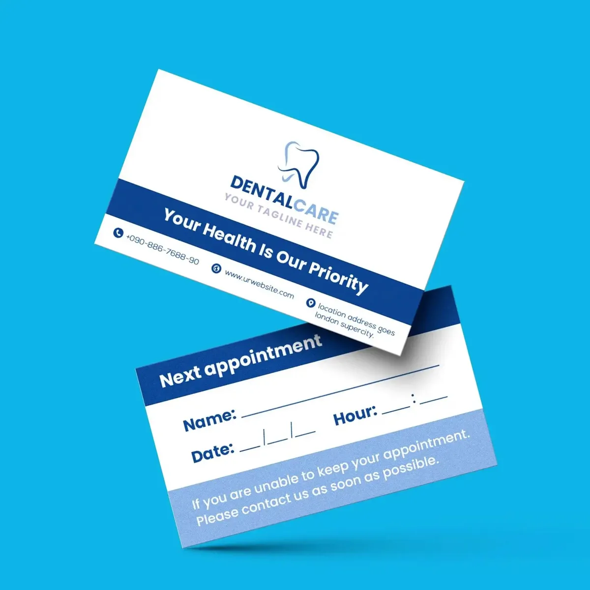 Two dental appointment cards, one showing the office front and one showing the next-appointment lines