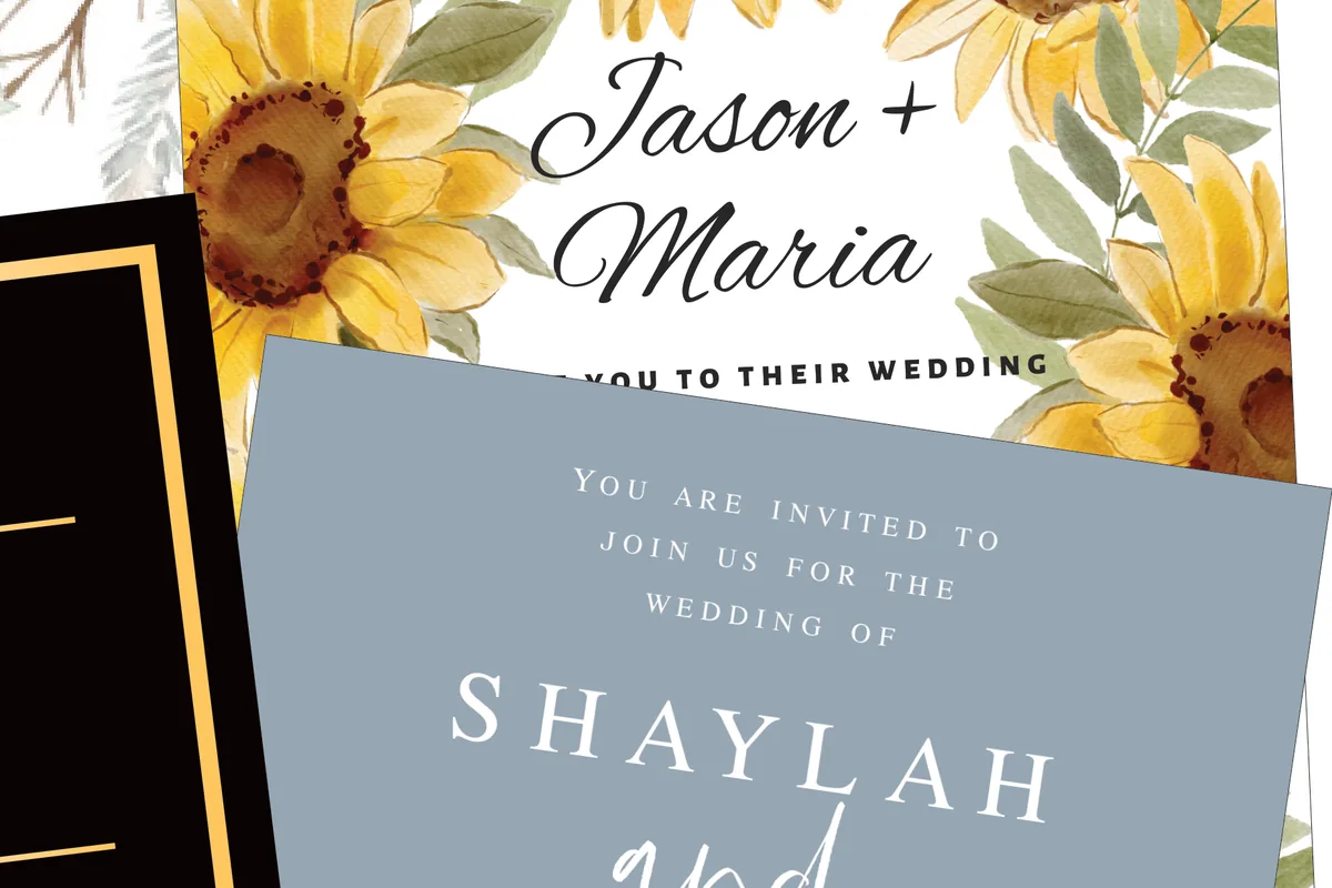 Two wedding invitations printed by Print N&rsquo;Copy, one with watercolor sunflowers and one in dusty blue