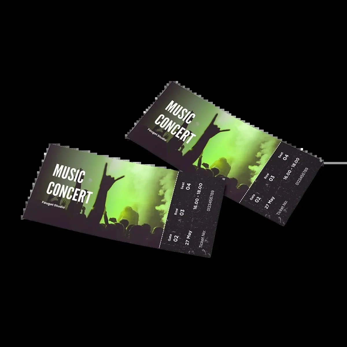 Two concert admission tickets with a perforated stub showing gate, row and seat