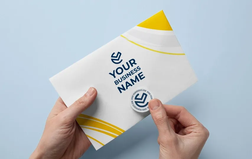 Two hands holding a white envelope printed with a business name and a yellow band