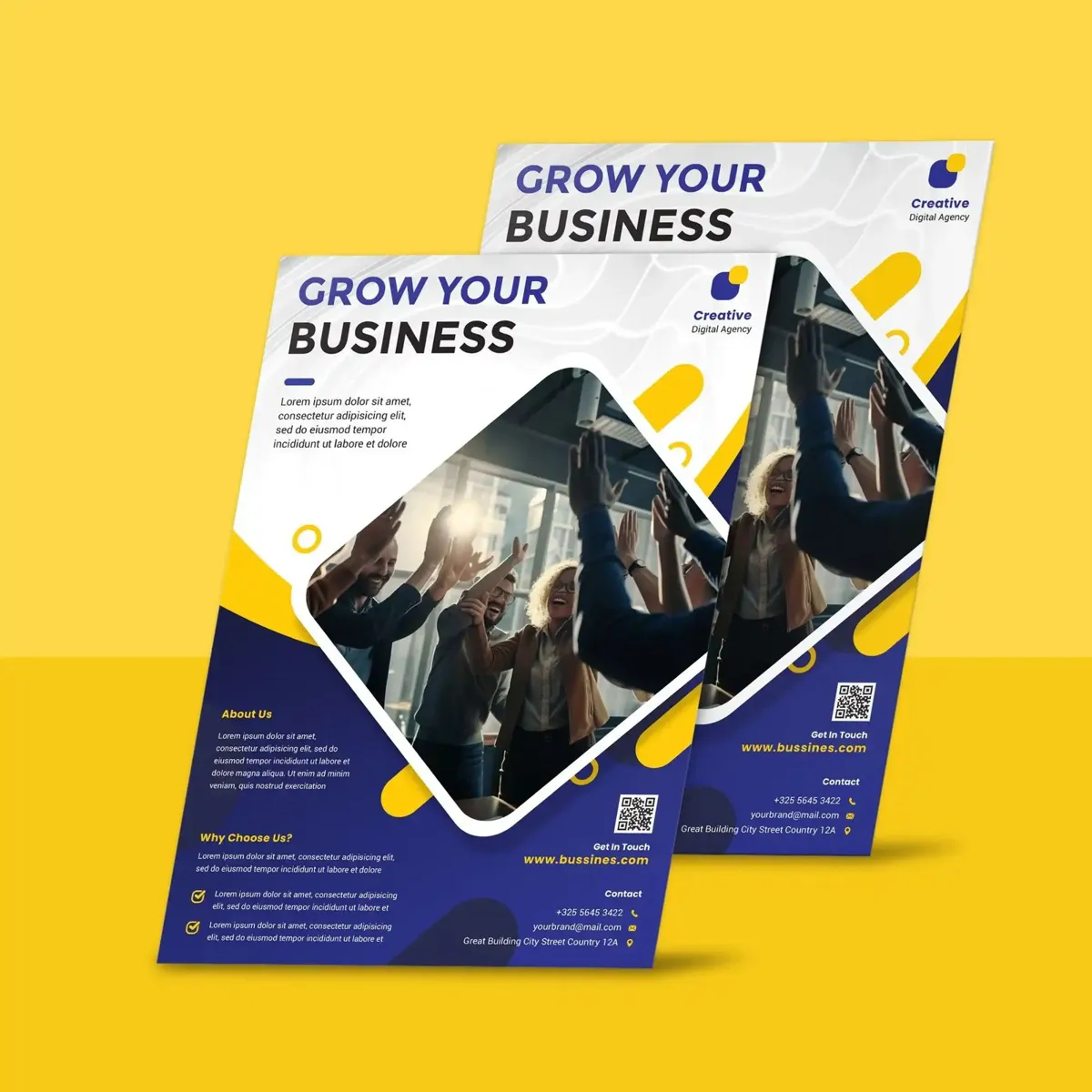 Two blue and yellow business flyers standing side by side