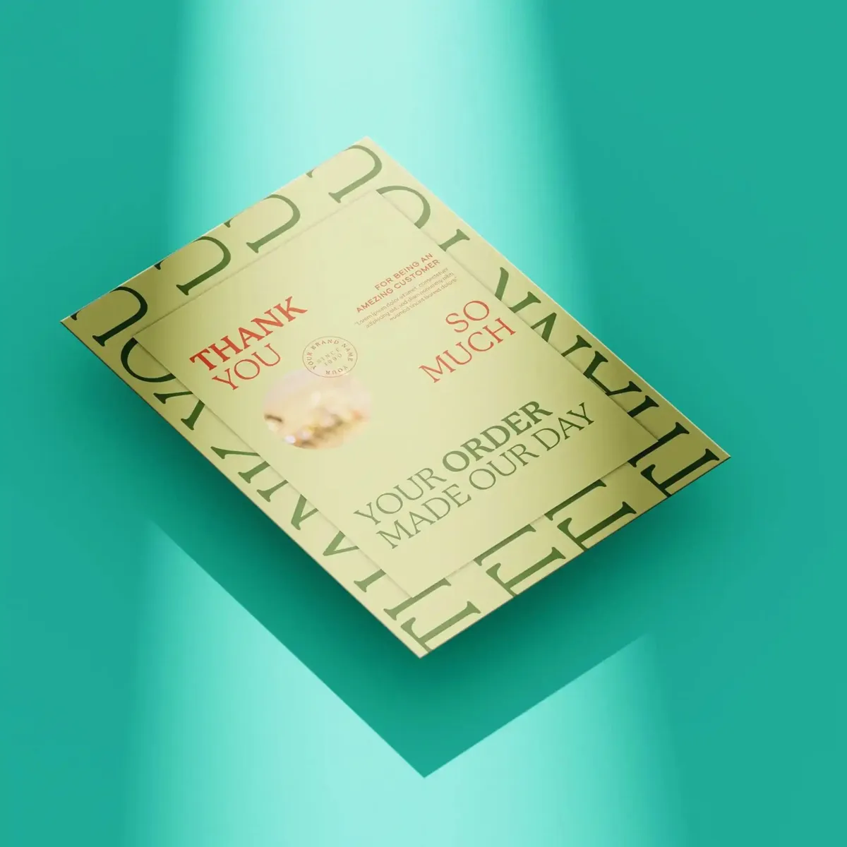 A gold thank-you insert card that reads Your order made our day