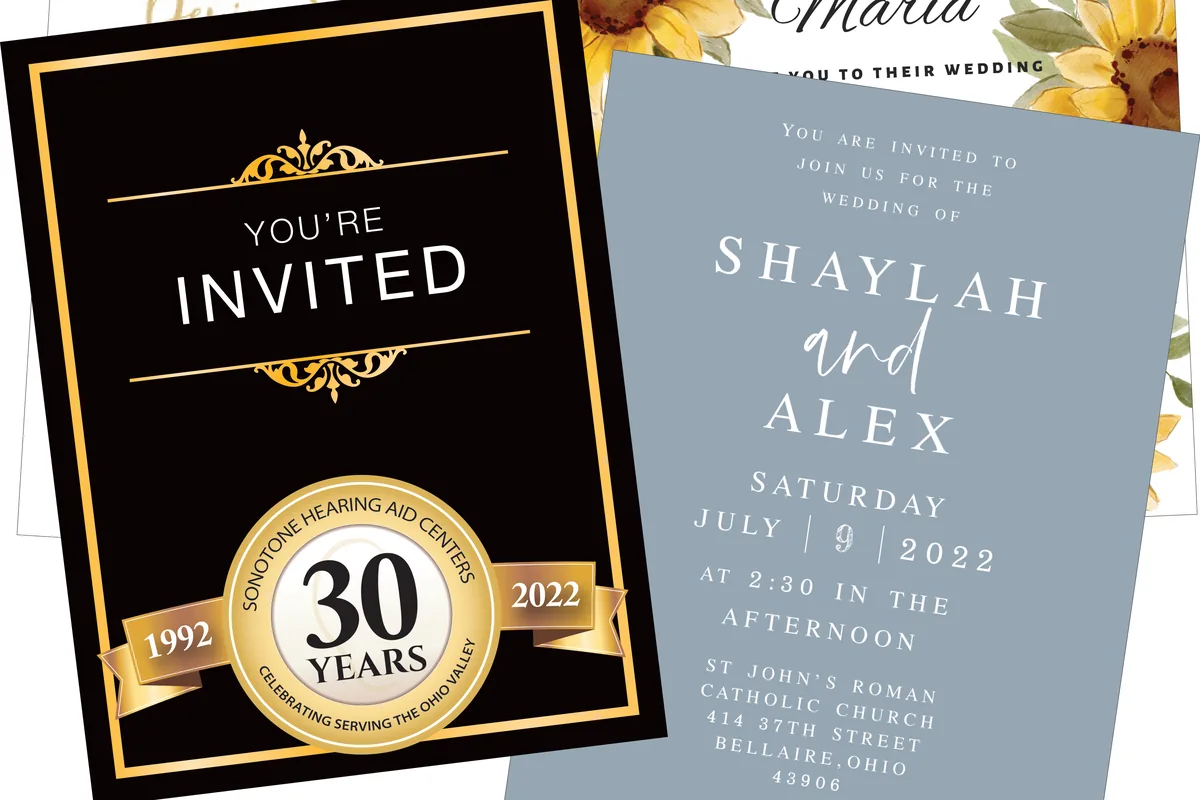 An anniversary invitation for a local business and a wedding invitation, both printed by Print N&rsquo;Copy