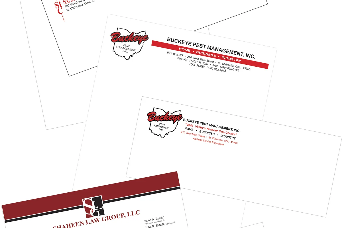 Letterheads and envelopes printed for local law firms, a school and a pest control company