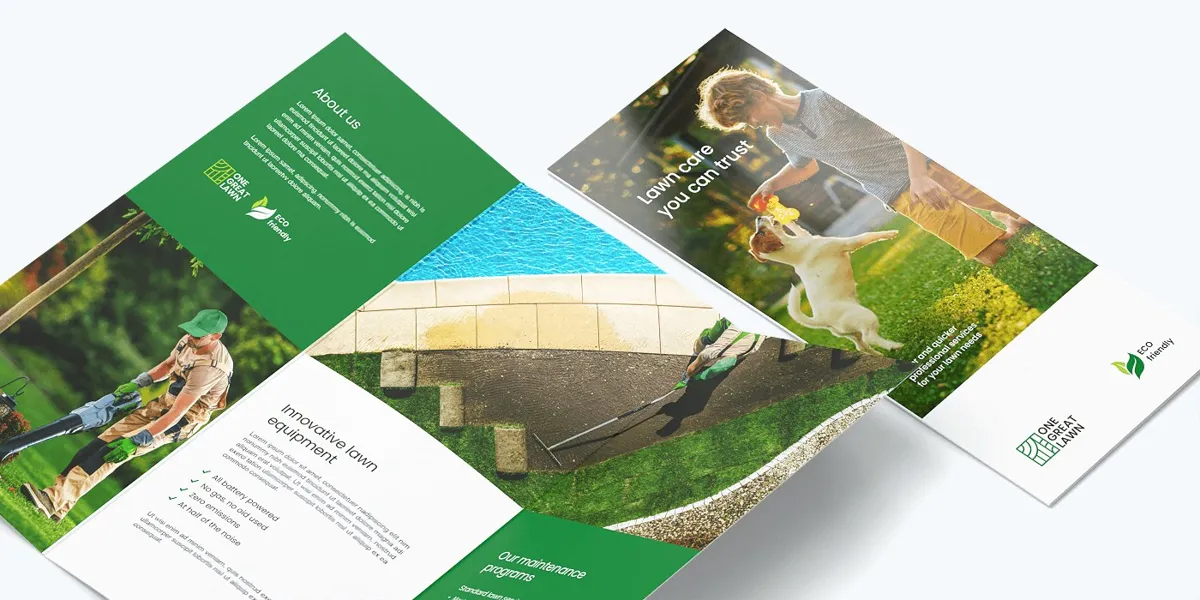 A green tri-fold lawn care pamphlet opened out to show both sides