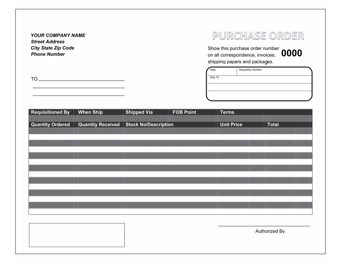 A blank purchase order form with lined rows and a number box