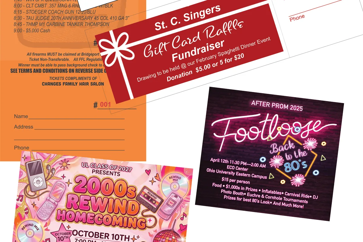 Numbered raffle and event tickets printed for a fire department gun bash, a benefit and a gift card drawing